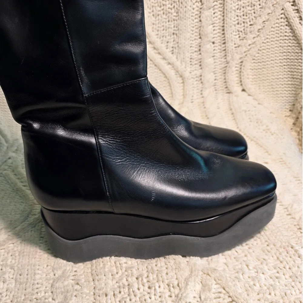 Paloma Barcelo 2 Platform‎ Wedge Knee High Boots Black Leather Womens 40 9-9.5
